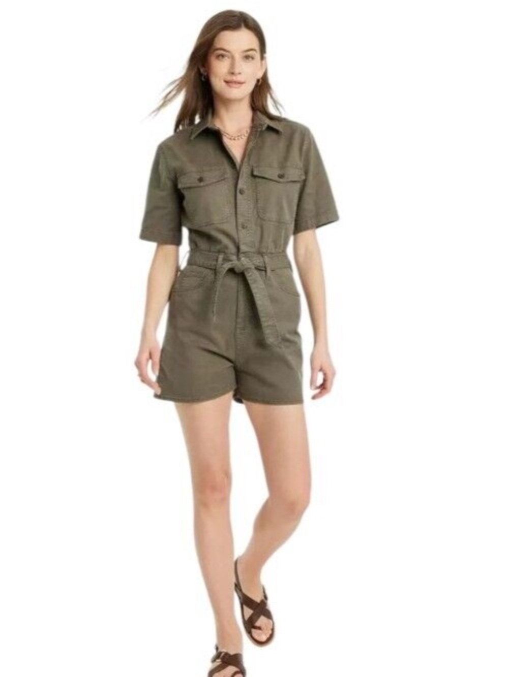 Universal Thread Short Sleeve Romper in Olive Green | Size 8
